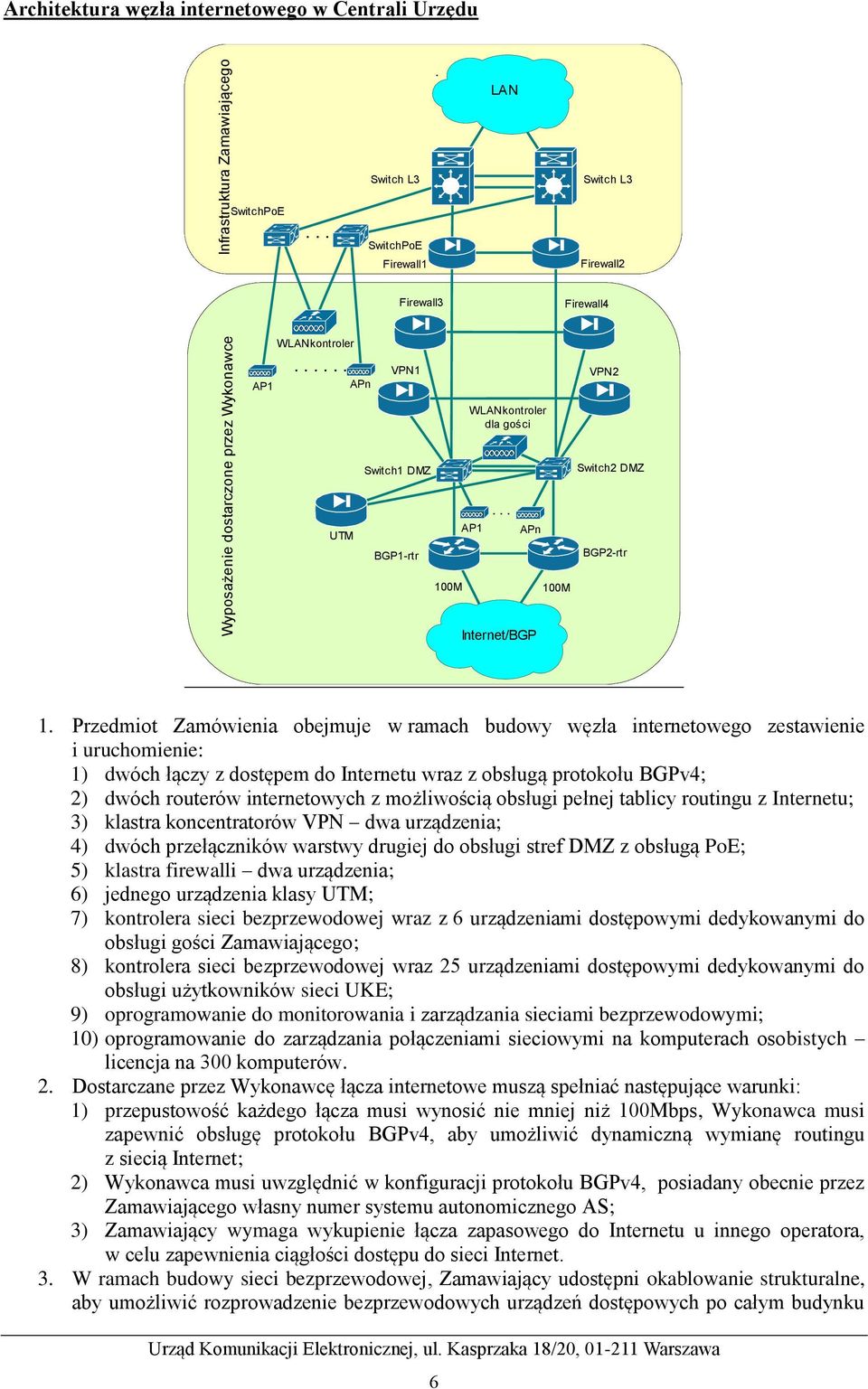 Przedmiot Zamówienia obejmuje w ramach budowy węzła internetowego zestawienie i uruchomienie: 1) dwóch łączy z dostępem do Internetu wraz z obsługą protokołu BGPv4; 2) dwóch routerów internetowych z