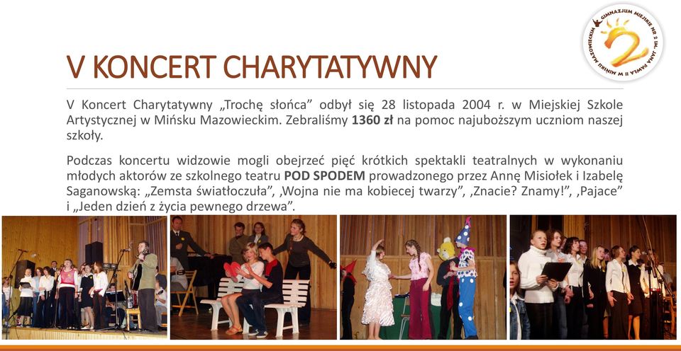 Podczas koncertu widzowie mogli obejrzeć pięć krótkich spektakli teatralnych w wykonaniu młodych aktorów ze szkolnego teatru