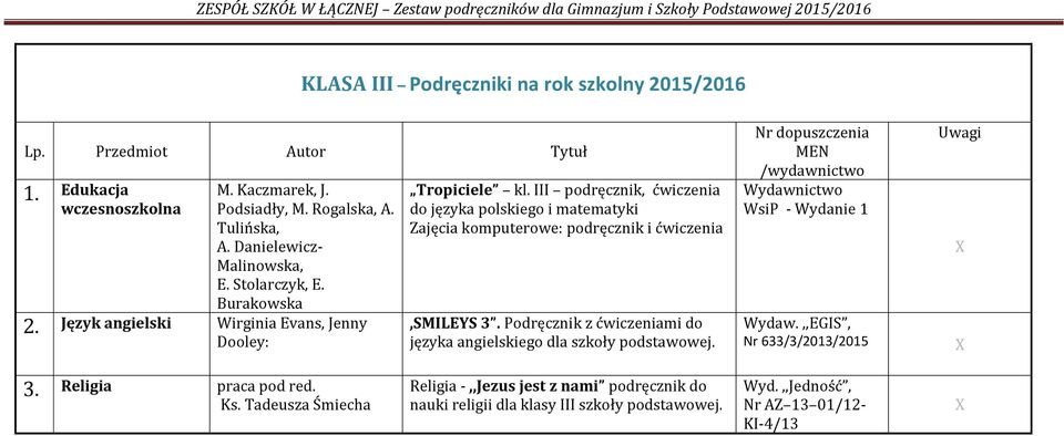 III podręcznik, ćwiczenia do języka polskiego i matematyki Zajęcia komputerowe: podręcznik i ćwiczenia,smileys 3.