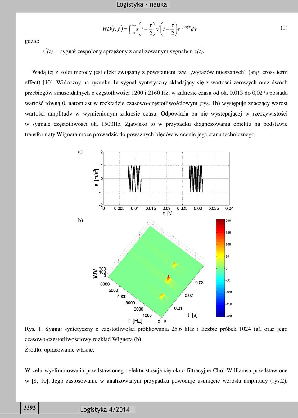 Widoczny na rysunku 1a sygnał syntetyczny składający się z wartości zerowych oraz dwóch przebiegów sinusoidalnych o częstotliwości 1200 i 2160 Hz, w zakresie czasu od ok.