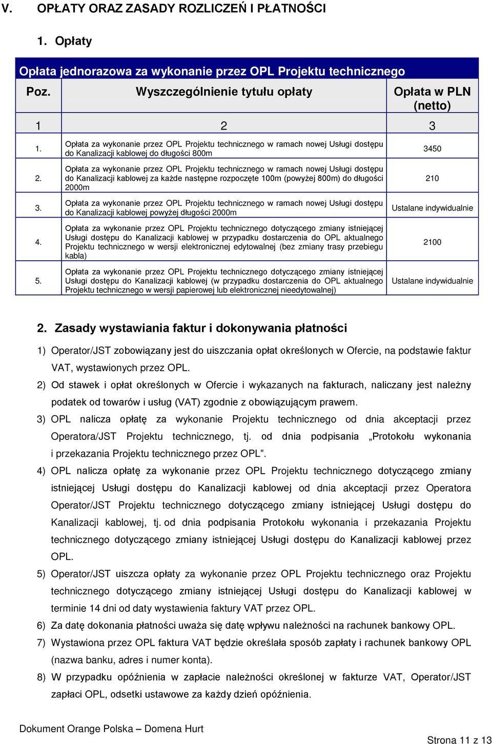 Opłata za wykonanie przez OPL Projektu technicznego w ramach nowej Usługi dostępu do Kanalizacji kablowej za każde następne rozpoczęte 100m (powyżej 800m) do długości 2000m Opłata za wykonanie przez