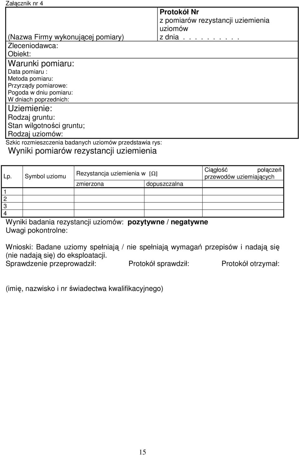 Symbol uziomu Rezystancja uziemienia w [Ω] zmierzona Protokół Nr z pomiarów rezystancji uziemienia uziomów z dnia.