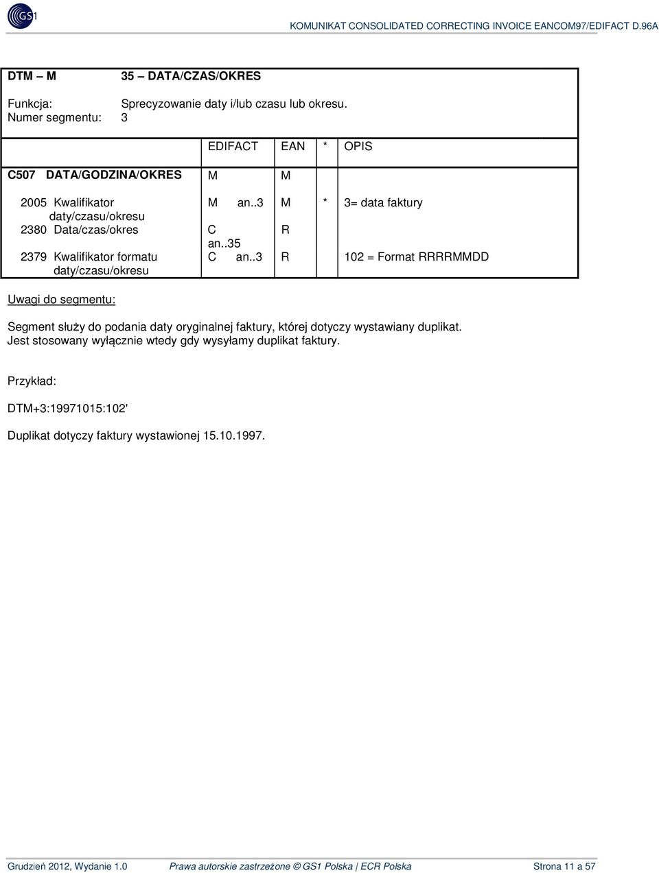 .3 R 102 = Format RRRRMMDD Segment służy do podania daty oryginalnej faktury, której dotyczy wystawiany duplikat.