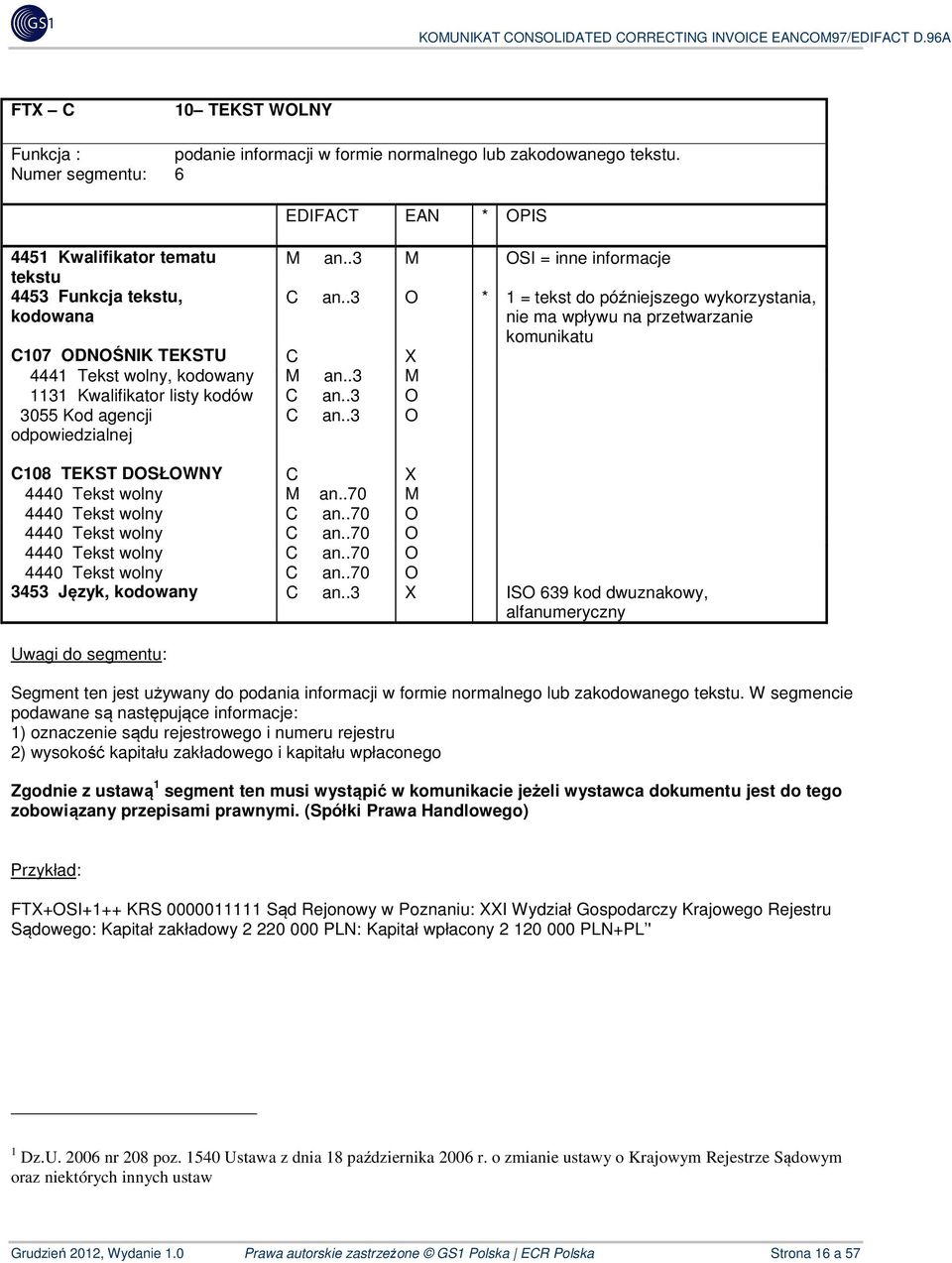 .3 O 3055 Kod agencji odpowiedzialnej M an..3 M OSI = inne informacje C an..3 O * 1 = tekst do późniejszego wykorzystania, nie ma wpływu na przetwarzanie komunikatu C an.