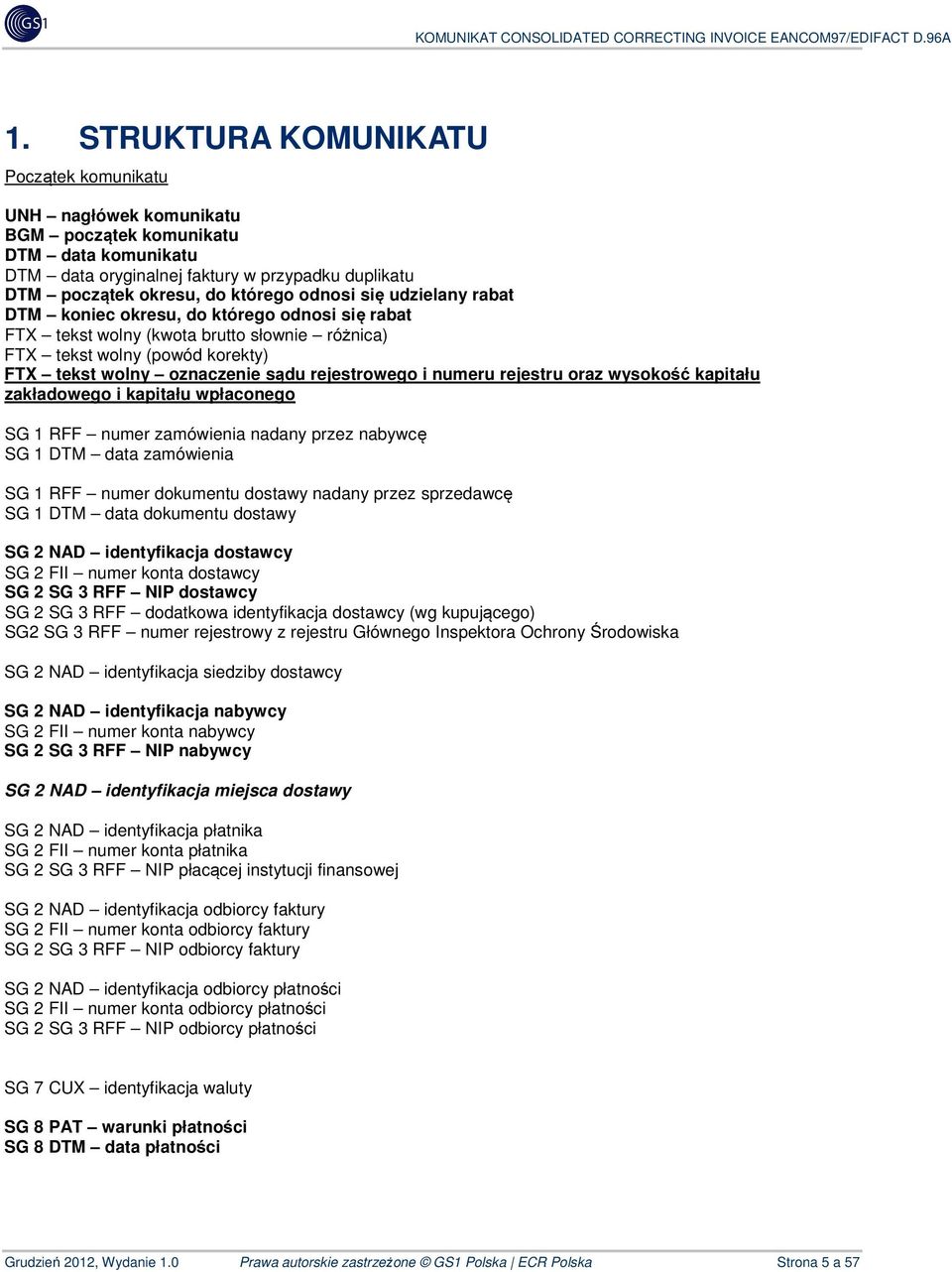 numeru rejestru oraz wysokość kapitału zakładowego i kapitału wpłaconego SG 1 RFF numer zamówienia nadany przez nabywcę SG 1 DTM data zamówienia SG 1 RFF numer dokumentu dostawy nadany przez