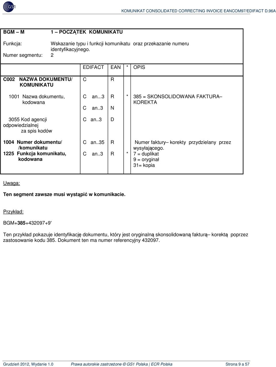 .35 R Numer faktury korekty przydzielany przez wysyłającego. C an..3 R * 7 = duplikat 9 = oryginał 31= kopia Uwaga: Ten segment zawsze musi wystąpić w komunikacie.