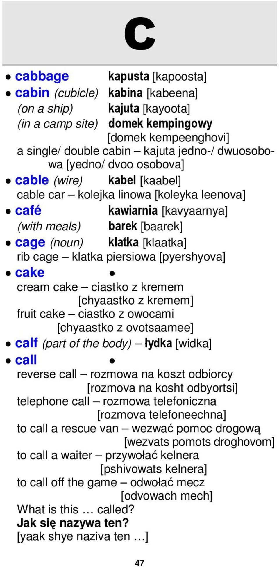 piersiowa [pyershyova] cake cream cake ciastko z kremem [chyaastko z kremem] fruit cake ciastko z owocami [chyaastko z ovotsaamee] calf (part of the body) łydka [widka] call reverse call rozmowa na