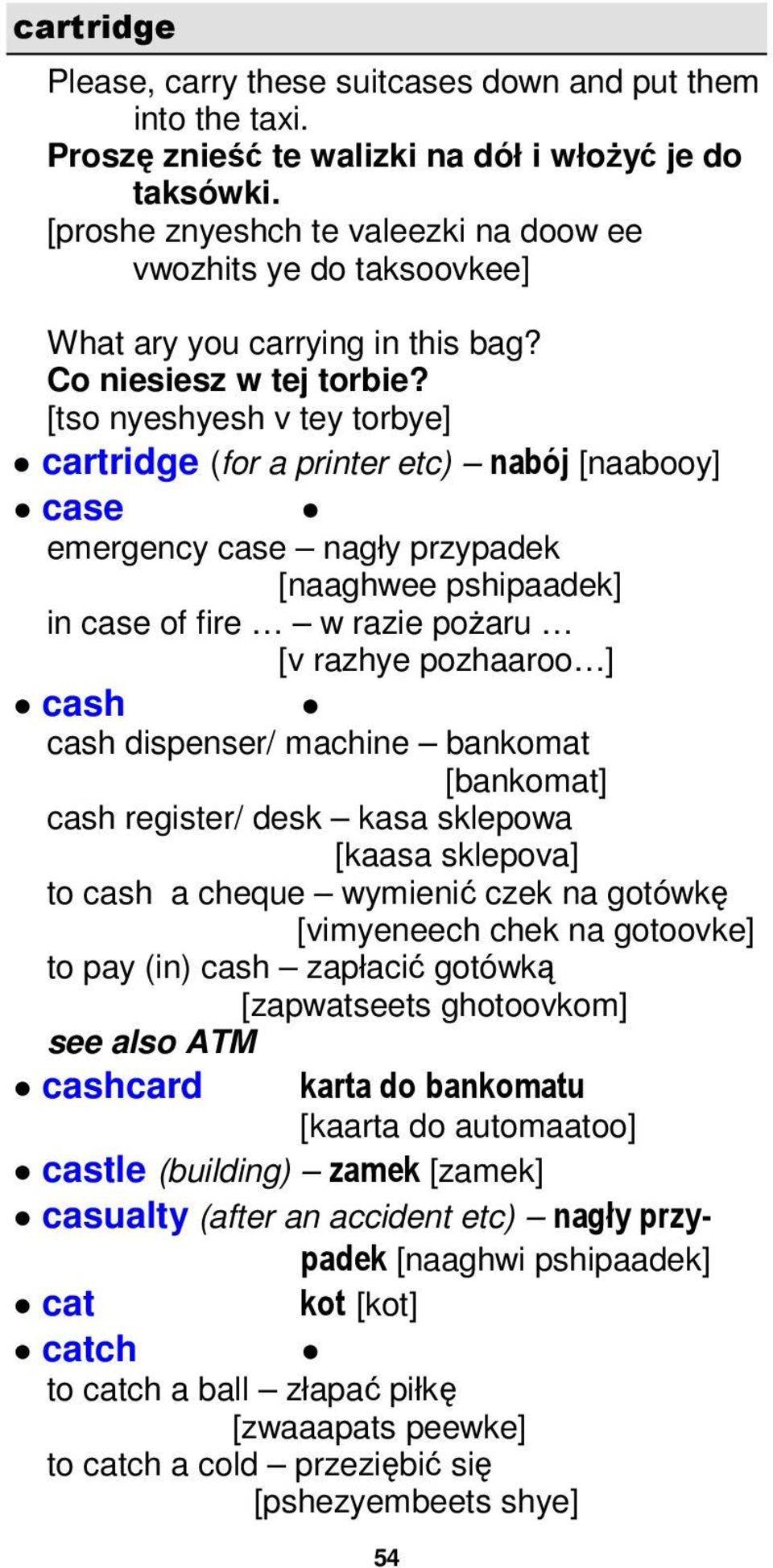 [tso nyeshyesh v tey torbye] cartridge (for a printer etc) nabój [naabooy] case emergency case nagły przypadek [naaghwee pshipaadek] in case of fire w razie poŝaru [v razhye pozhaaroo ] cash cash