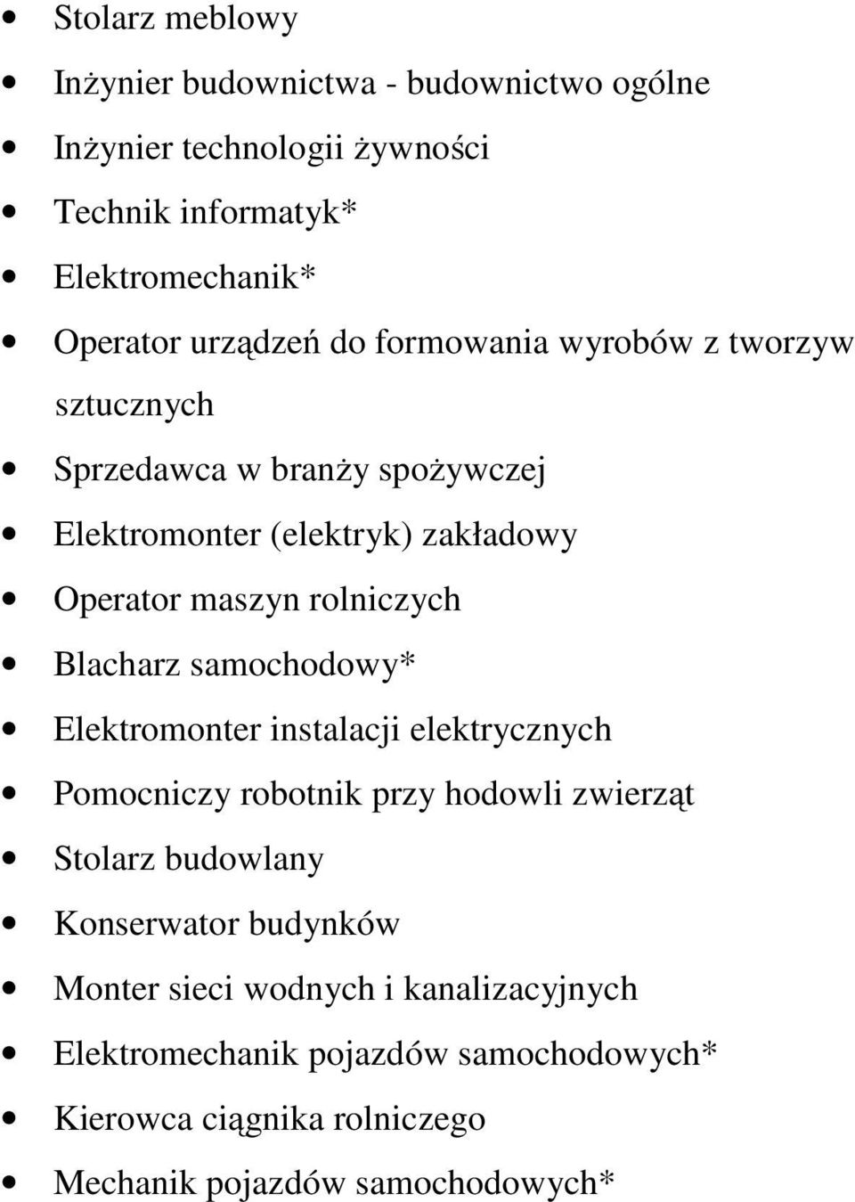 rolniczych Blacharz samochodowy* Elektromonter instalacji elektrycznych Pomocniczy robotnik przy hodowli zwierząt Stolarz budowlany