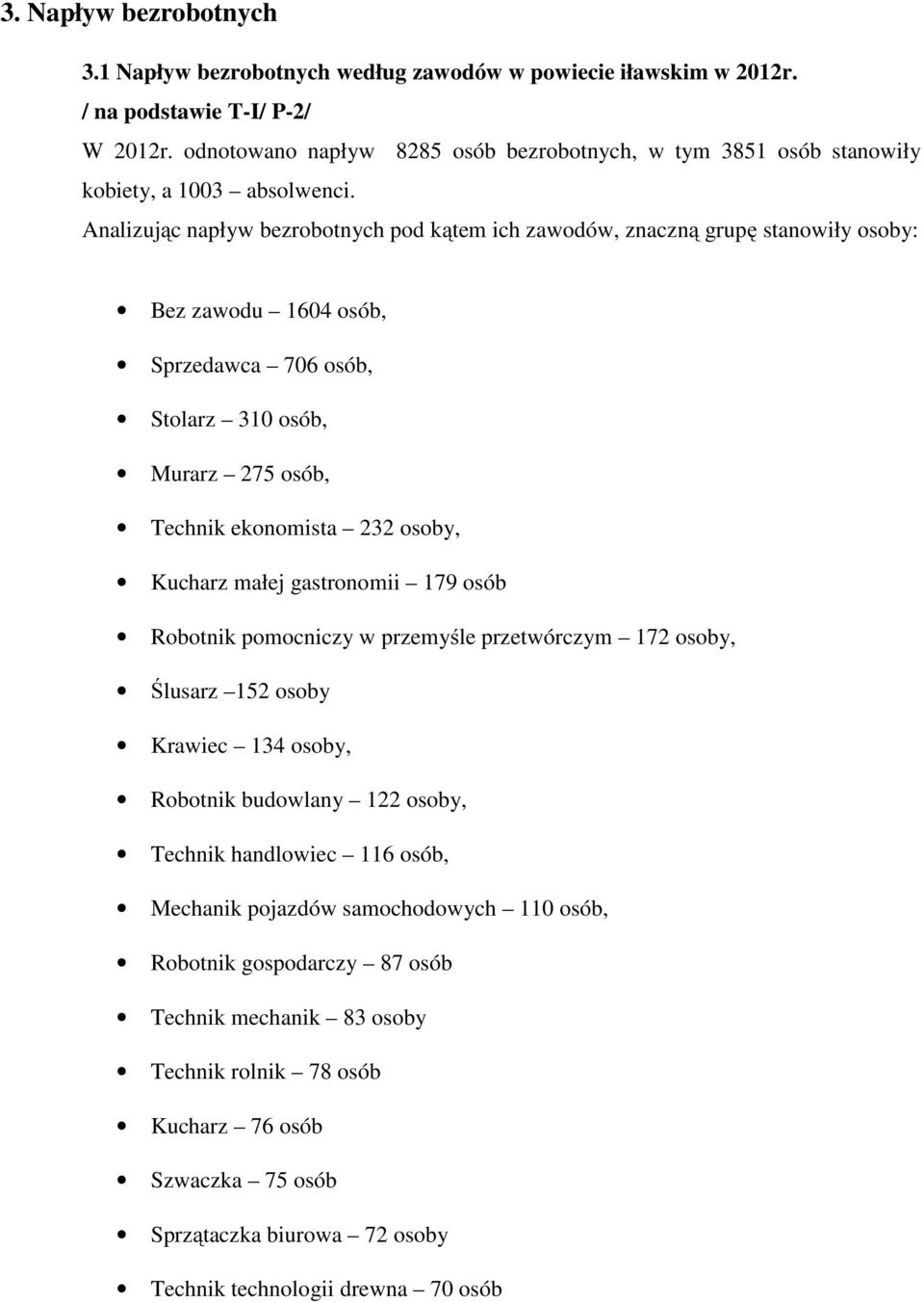 Analizując napływ bezrobotnych pod kątem ich zawodów, znaczną grupę stanowiły osoby: Bez zawodu 1604 osób, Sprzedawca 706 osób, Stolarz 310 osób, Murarz 275 osób, Technik ekonomista 232 osoby,