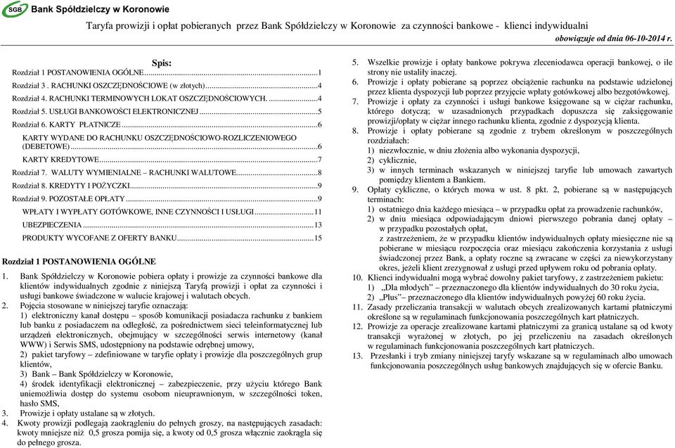 ..6 KARTY WYDANE DO RACHUNKU OSZCZĘDNOŚCIOWO-ROZLICZENIOWEGO (DEBETOWE)...6 KARTY KREDYTOWE...7 Rozdział 7. WALUTY WYMIENIALNE RACHUNKI WALUTOWE...8 Rozdział 8. KREDYTY I POŻYCZKI...9 Rozdział 9.