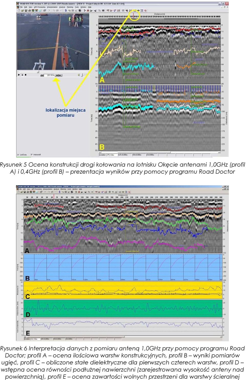konstrukcyjnych, profil B wyniki pomiarów ugięć, profil C obliczone stałe dielektryczne dla pierwszych czterech warstw, profil D wstępna ocena