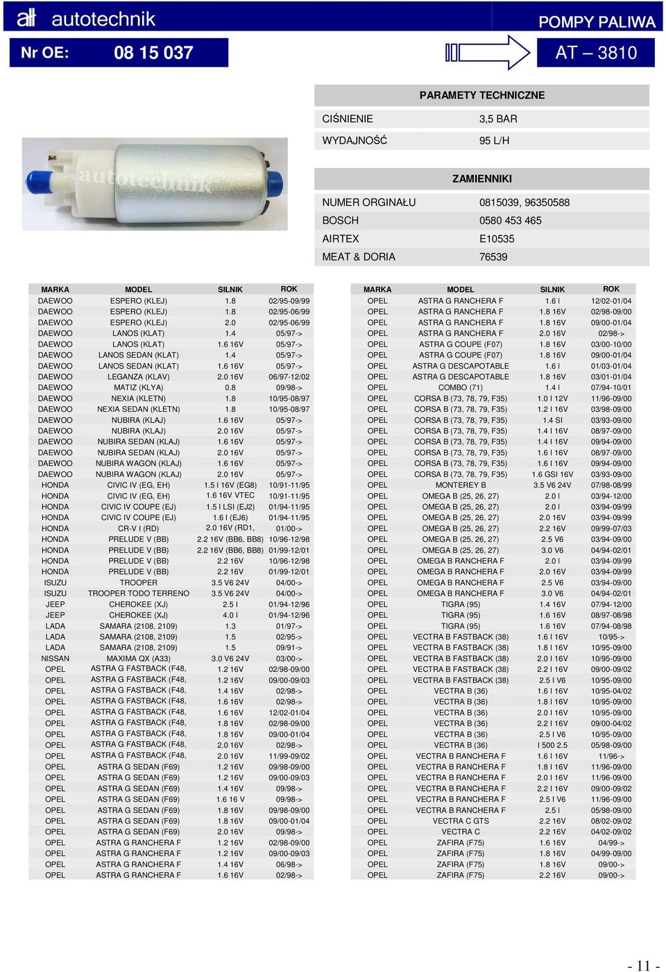 0 16V 06/97-12/02 DAEWOO MATIZ (KLYA) 0.8 09/98-> DAEWOO NEXIA (KLETN) 1.8 10/95-08/97 DAEWOO NEXIA SEDAN (KLETN) 1.8 10/95-08/97 DAEWOO NUBIRA (KLAJ) 1.6 16V 05/97-> DAEWOO NUBIRA (KLAJ) 2.