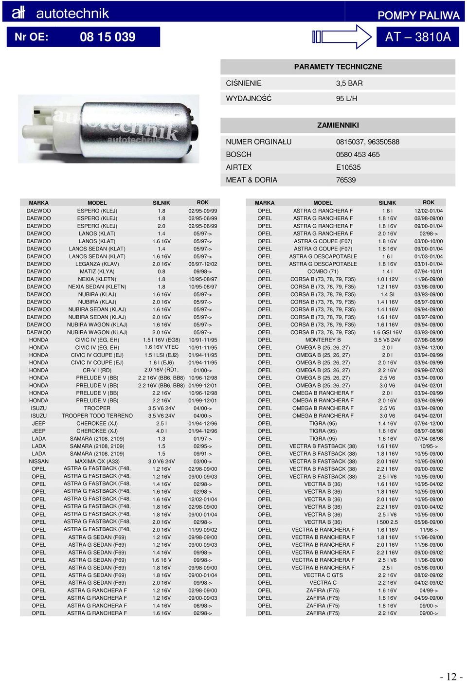 0 16V 06/97-12/02 DAEWOO MATIZ (KLYA) 0.8 09/98-> DAEWOO NEXIA (KLETN) 1.8 10/95-08/97 DAEWOO NEXIA SEDAN (KLETN) 1.8 10/95-08/97 DAEWOO NUBIRA (KLAJ) 1.6 16V 05/97-> DAEWOO NUBIRA (KLAJ) 2.