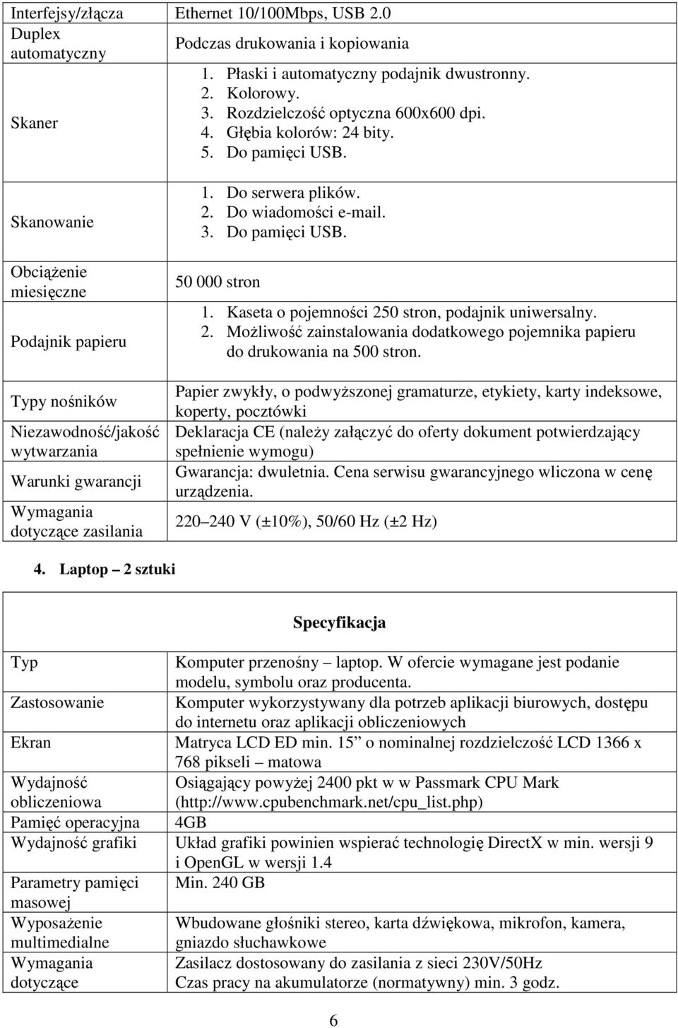 Do serwera plików. 2. Do wiadomości e-mail. 3. Do pamięci USB. 50 000 stron 1. Kaseta o pojemności 250 stron, podajnik uniwersalny. 2. Możliwość zainstalowania dodatkowego pojemnika papieru do drukowania na 500 stron.