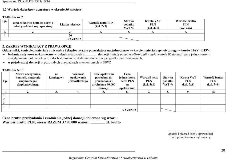 ZAKRES WYNIKAJĄCY Z PRAWA OPCJI Odczynniki, kontrole, materiały zuŝywalne i eksploatacyjne pozwalające na jednoczesne wykrycie materiału genetycznego wirusów HAV i B19V: badania rutynowe wykonywane w