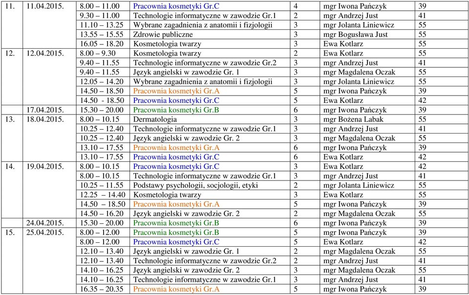 30 Kosmetologia twarzy 2 Ewa Kotlarz 55 9.40 11.55 Technologie informatyczne w zawodzie Gr.2 3 mgr Andrzej Just 41 9.40 11.55 Język angielski w zawodzie Gr. 1 3 mgr Magdalena Oczak 55 12.05 14.