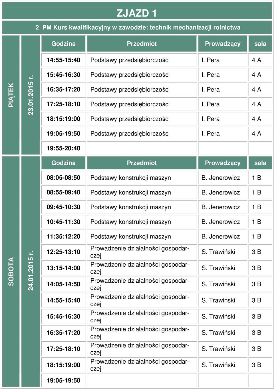 Jenerowicz 1 B 08:55-09:40 Podstawy konstrukcji maszyn B. Jenerowicz 1 B 09:45-10:30 Podstawy konstrukcji maszyn B.