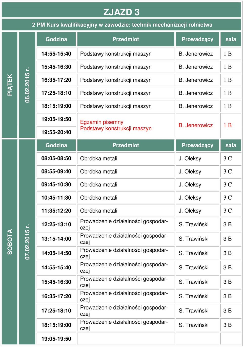 Jenerowicz 1 B 08:05-08:50 Obróbka metali J. Oleksy 3 C 08:55-09:40 Obróbka metali J. Oleksy 3 C 09:45-10:30 Obróbka metali J.