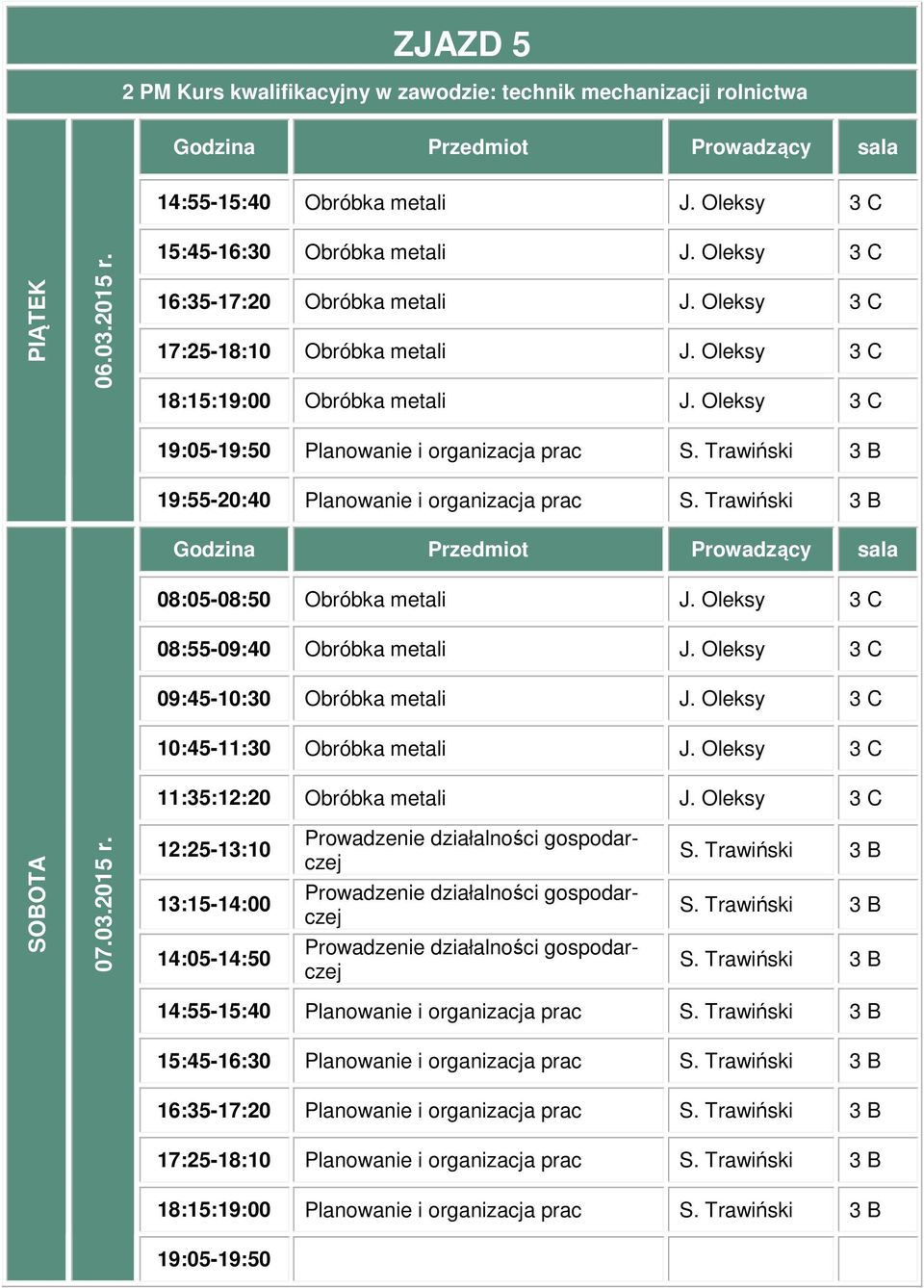 Oleksy 3 C Planowanie i organizacja prac Planowanie i organizacja prac 08:05-08:50 Obróbka metali J. Oleksy 3 C 08:55-09:40 Obróbka metali J.