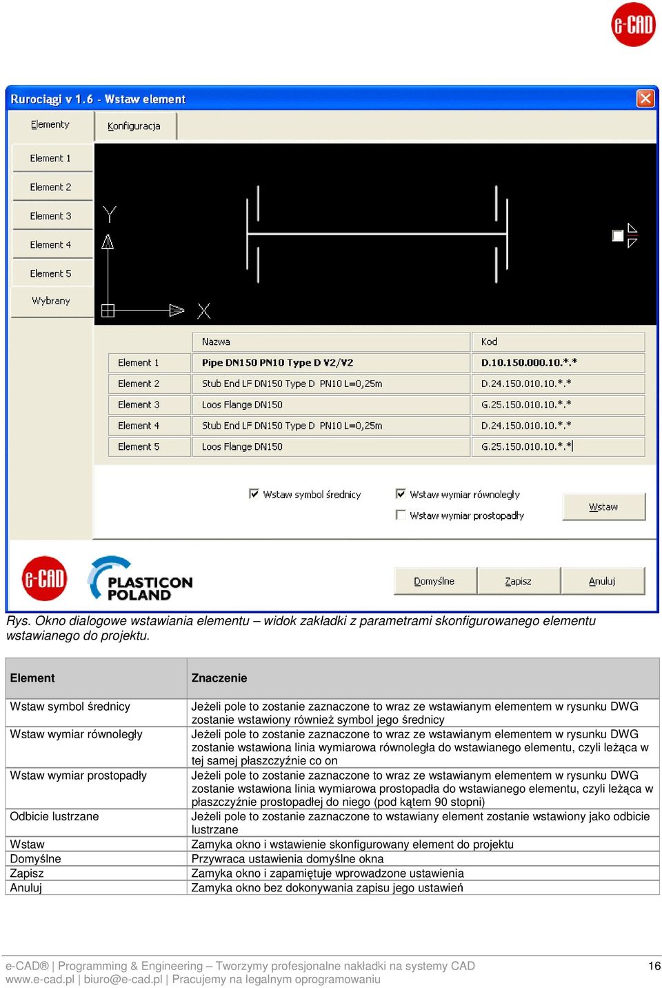 elementem w rysunku DWG zostanie wstawiony równieŝ symbol jego średnicy JeŜeli pole to zostanie zaznaczone to wraz ze wstawianym elementem w rysunku DWG zostanie wstawiona linia wymiarowa równoległa