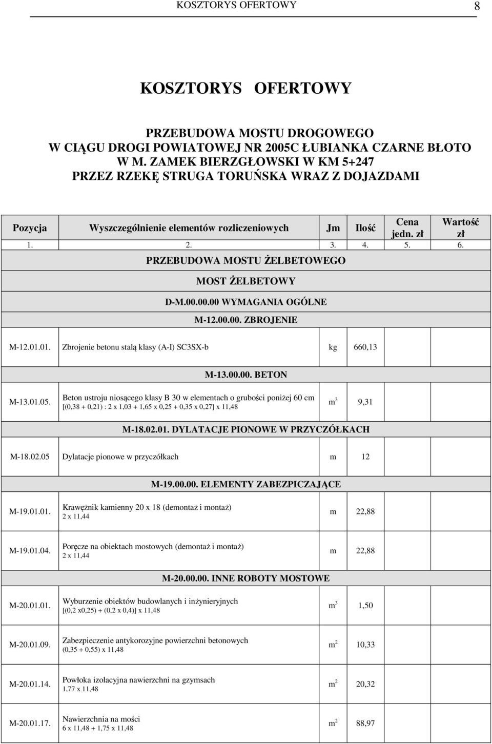 PRZEBUDOWA MOSTU ŻELBETOWEGO MOST ŻELBETOWY D-M.00.00.00 WYMAGANIA OGÓLNE M-12.00.00. ZBROJENIE M-12.01.01. Zbrojenie betonu stalą klasy (A-I) SC3SX-b kg 660,13 M-13.00.00. BETON M-13.01.05.