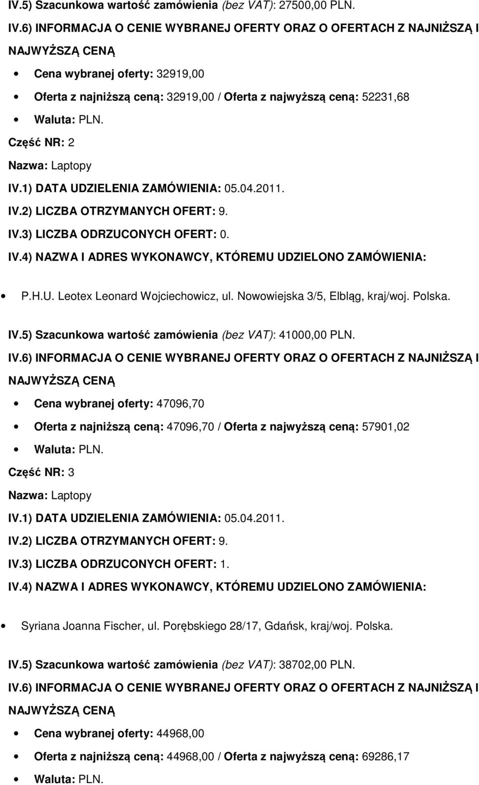 P.H.U. Leotex Leonard Wojciechowicz, ul. Nowowiejska 3/5, Elbląg, kraj/woj. Polska. IV.5) Szacunkowa wartość zamówienia (bez VAT): 41000,00 PLN.