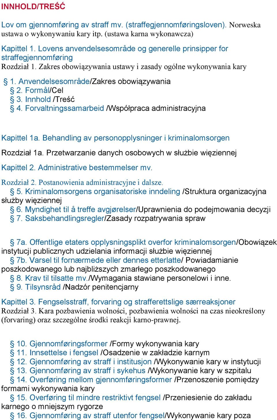 Formål/Cel 3. Innhold /Treść 4. Forvaltningssamarbeid /Współpraca administracyjna Kapittel 1a. Behandling av personopplysninger i kriminalomsorgen Rozdział 1a.