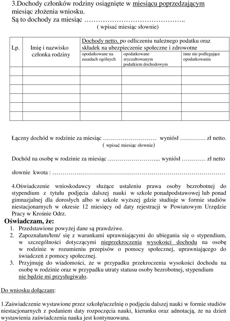 podatkiem dochodowym inne nie podlegające opodatkowaniu Łączny dochód w rodzinie za miesiąc wyniósł. zł netto. Dochód na osobę w rodzinie za miesiąc... wyniósł zł netto słownie kwota : 4.