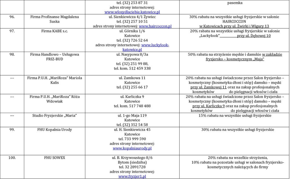 kom. 512 459 338 ul. Zamkowa 11 tel. (32) 255 66 17 ul. Karliczka 9 tel. kom. 517 748 488 --- Studio Fryzjerskie Maria ul. 1-go Maja 119 tel. (32) 352 54 58 99. FHU Kopalnia Urody ul. H.