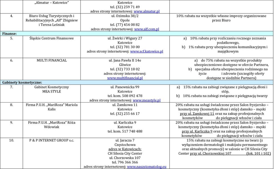 pl Gabinety kosmetyczne: 7. Gabinet Kosmetyczny MEA STYLE 8. Firma P.U.H. MariRoza Mariola Kalis 9. Firma P.U.H. MariRoza Róża Wdowiak ul. Panewnicka 99 tel. kom. 508 092 478 www.meastyle.pl ul.