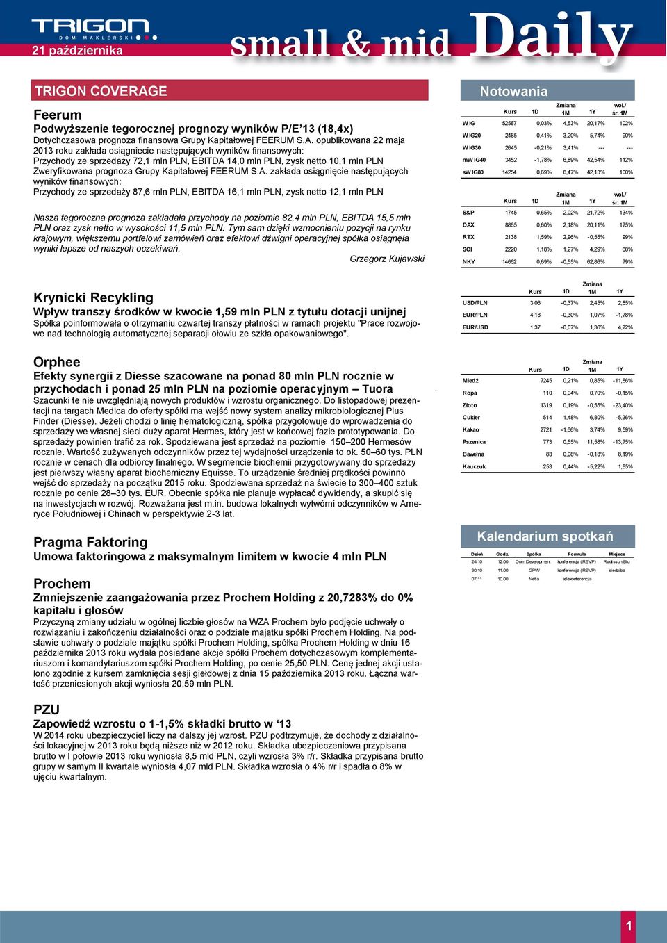 opublikowana 22 maja 2013 roku zakłada osiągniecie następujących wyników finansowych: Przychody ze sprzedaży 72,1 mln PLN, EBITDA 14,0 mln PLN, zysk netto 10,1 mln PLN Zweryfikowana prognoza Grupy