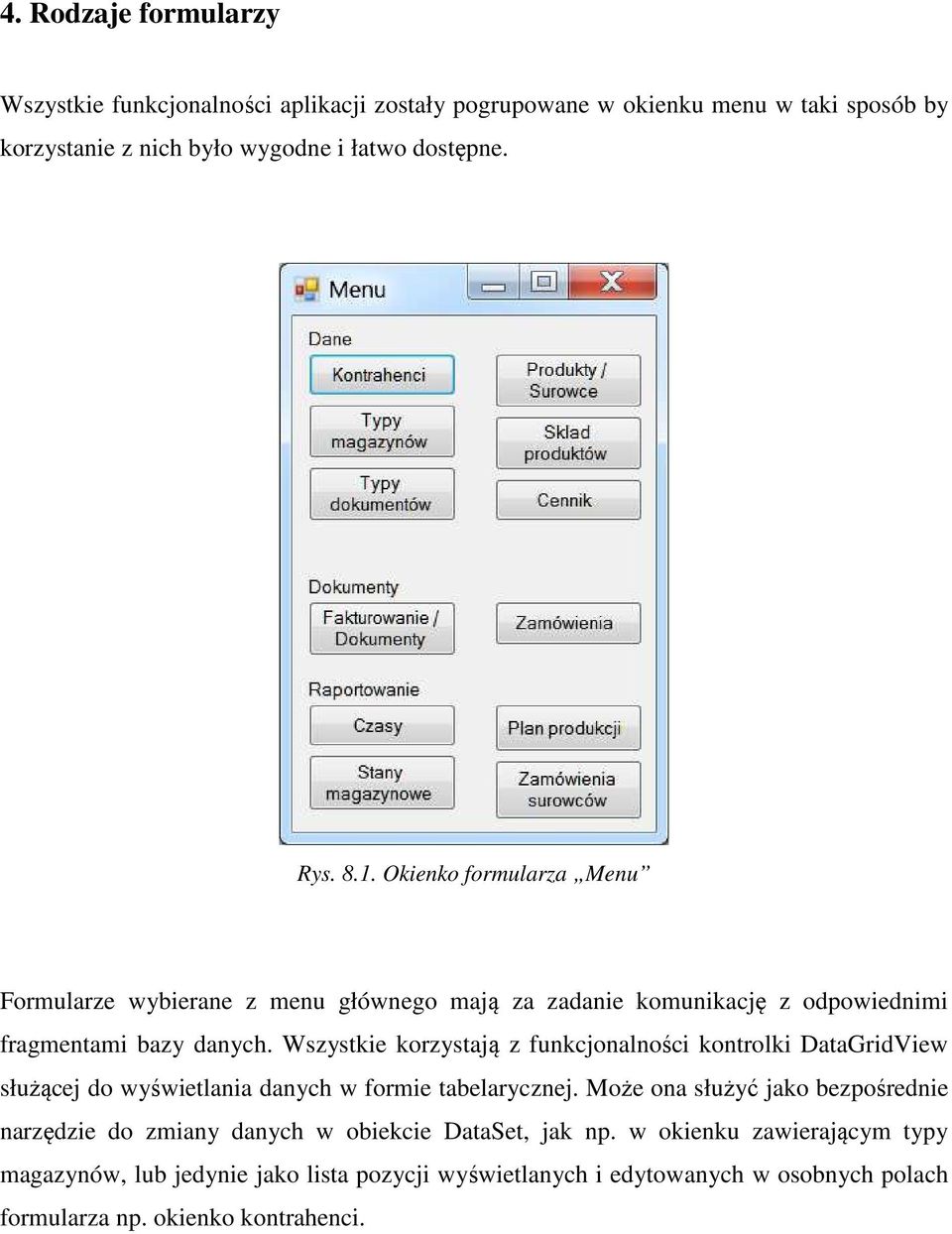 Wszystkie korzystają z funkcjonalności kontrolki DataGridView służącej do wyświetlania danych w formie tabelarycznej.