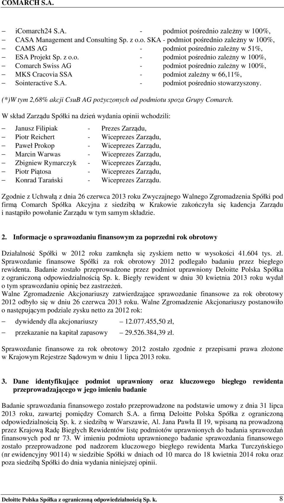 (*)W tym 2,68% akcji CsuB AG pożyczonych od podmiotu spoza Grupy Comarch.