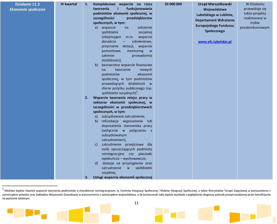 m.in. wsparcie doradczo szkoleniowe, przyznanie dotacji, wsparcie pomostowe, mentoring w zakresie prowadzenia działalności), b) bezzwrotne wsparcie finansowe na tworzenie nowych podmiotów ekonomii