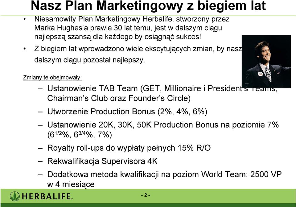 Zmiany te obejmowały: Ustanowienie TAB Team (GET, Millionaire i President s Teams, Chairman s Club oraz Founder s Circle) Utworzenie Production Bonus (2%, 4%, 6%)