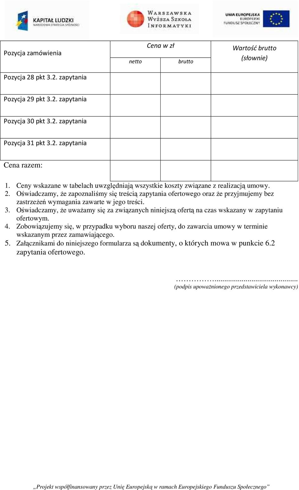 Oświadczamy, że zapoznaliśmy się treścią zapytania ofertowego oraz że przyjmujemy bez zastrzeżeń wymagania zawarte w jego treści. 3.