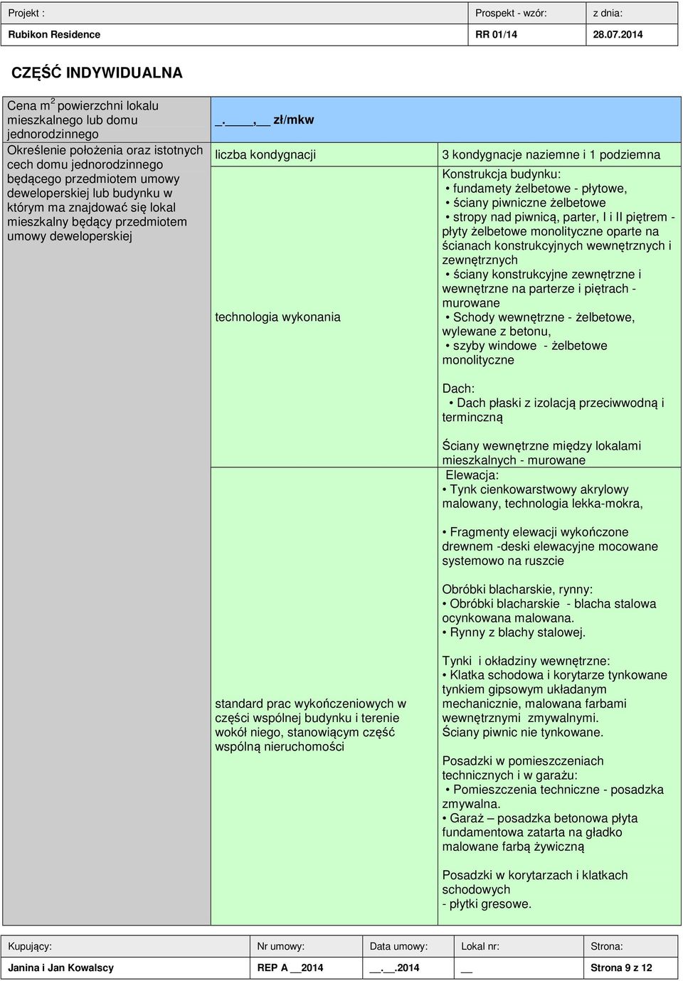 , zł/mkw liczba kondygnacji technologia wykonania standard prac wykończeniowych w części wspólnej budynku i terenie wokół niego, stanowiącym część wspólną nieruchomości 3 kondygnacje naziemne i 1