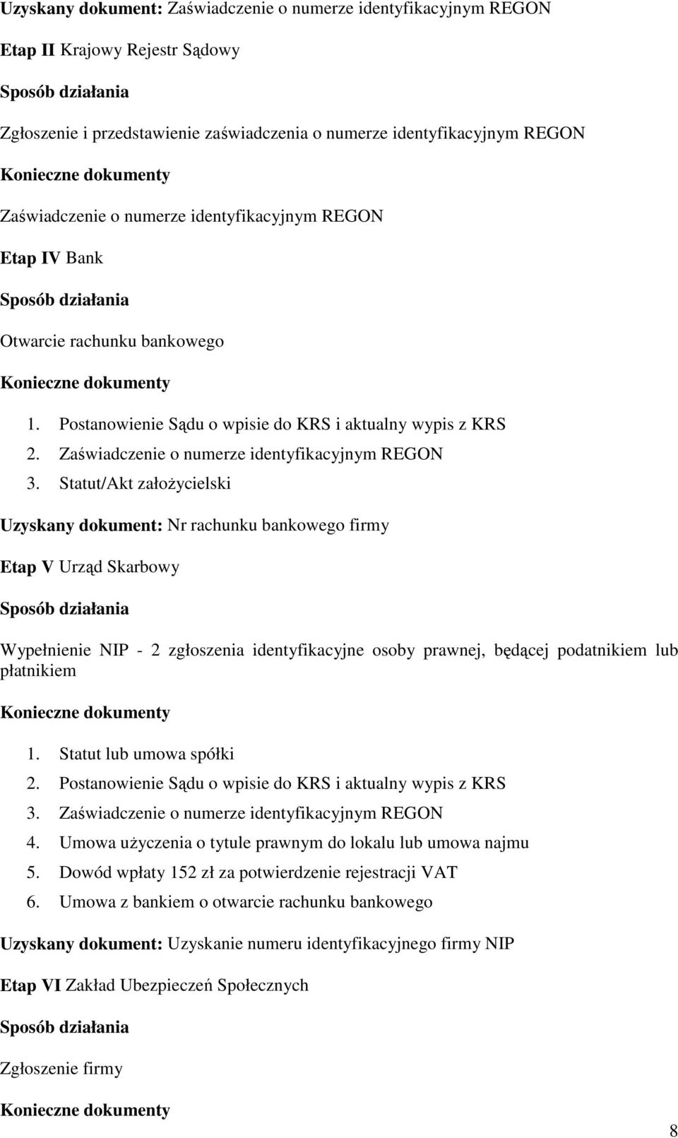 Statut/Akt załoŝycielski Uzyskany dokument: Nr rachunku bankowego firmy Etap V Urząd Skarbowy Wypełnienie NIP - 2 zgłoszenia identyfikacyjne osoby prawnej, będącej podatnikiem lub płatnikiem 1.