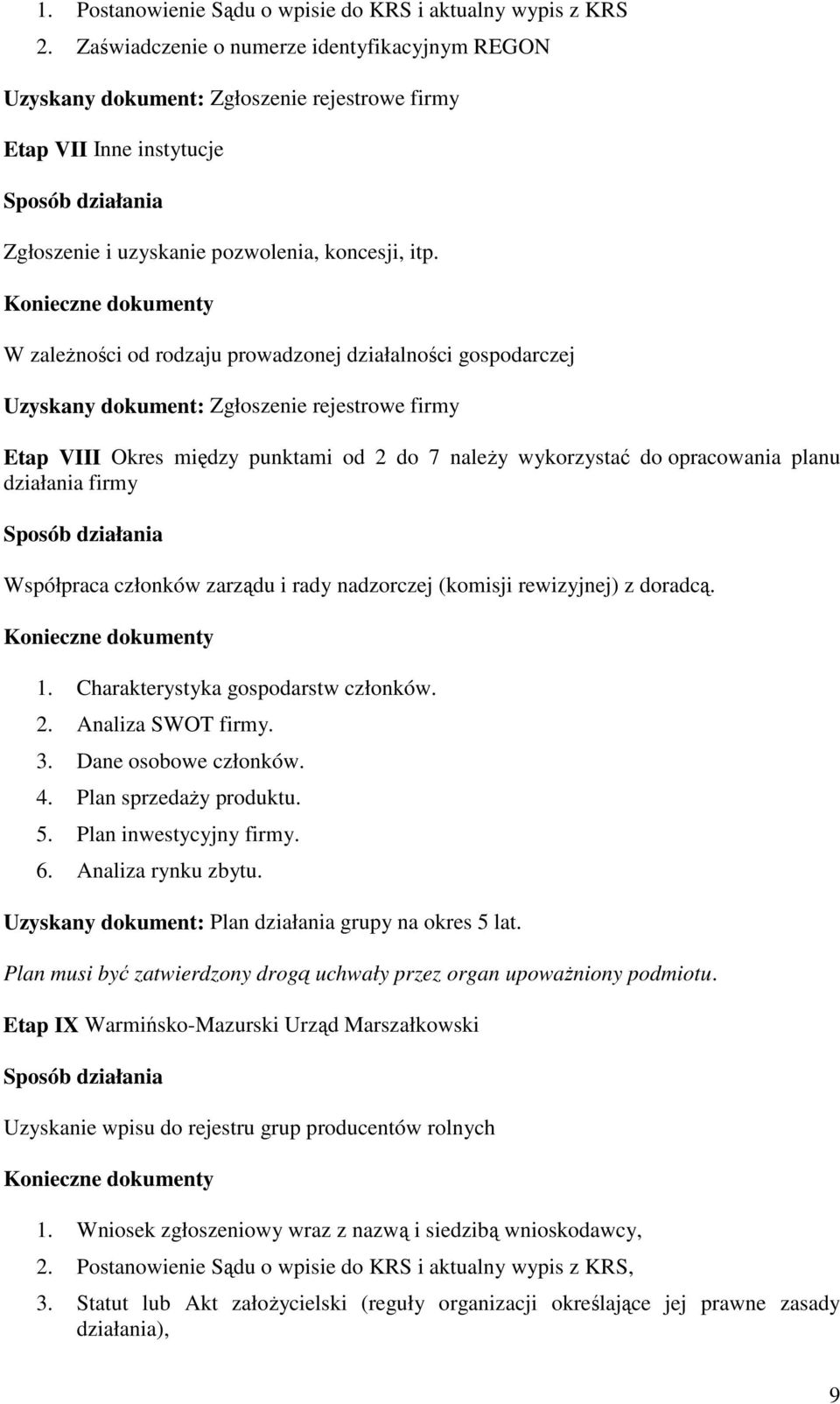 W zaleŝności od rodzaju prowadzonej działalności gospodarczej Uzyskany dokument: Zgłoszenie rejestrowe firmy Etap VIII Okres między punktami od 2 do 7 naleŝy wykorzystać do opracowania planu