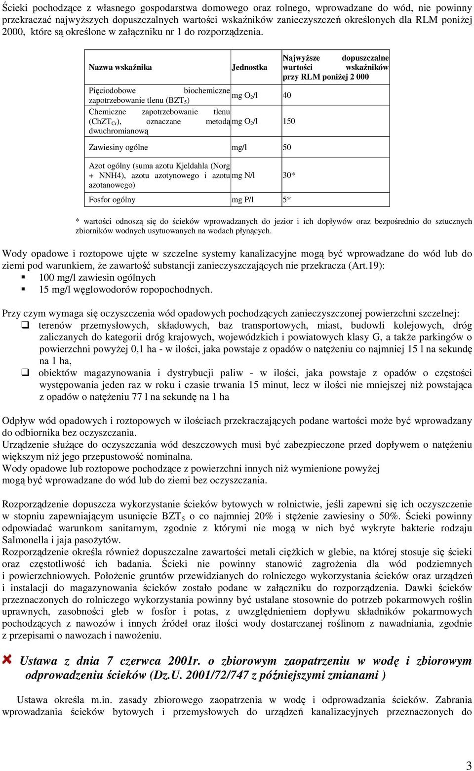 Nazwa wskaźnika Jednostka Pięciodobowe biochemiczne mg O zapotrzebowanie tlenu (BZT 2/l 5) 40 Chemiczne zapotrzebowanie tlenu (ChZT Cr), oznaczane metodą mg O 2/l 150 dwuchromianową Zawiesiny ogólne