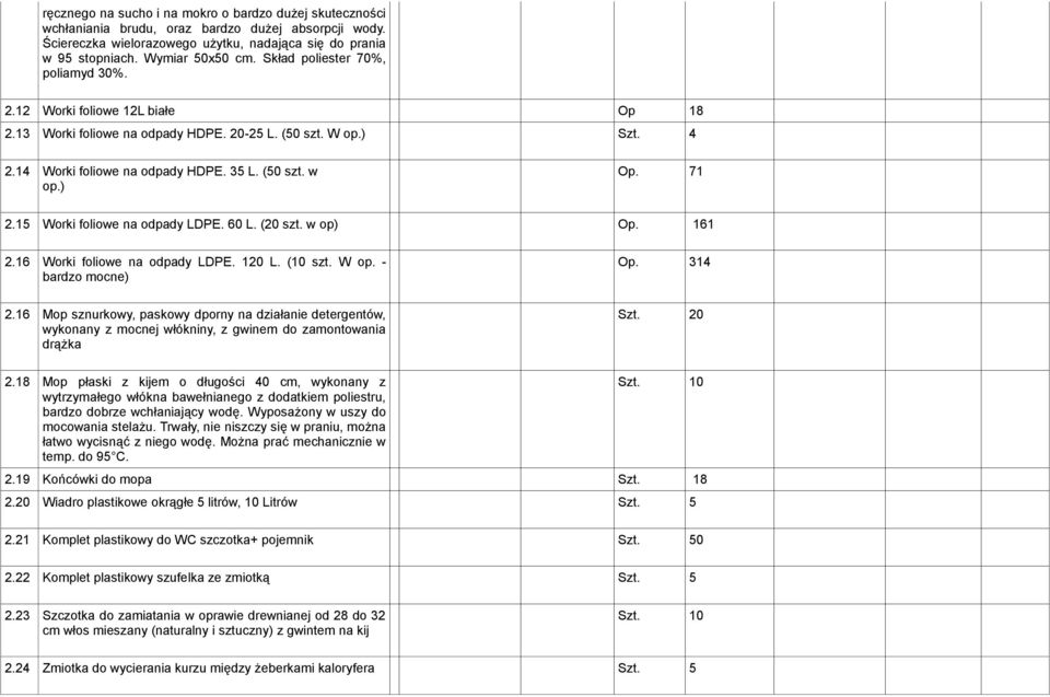 71 2.15 Worki foliowe na odpady LDPE. 60 L. (20 szt. w op) Op. 161 2.16 Worki foliowe na odpady LDPE. 120 L. (10 szt. W op. - bardzo mocne) Op. 314 2.