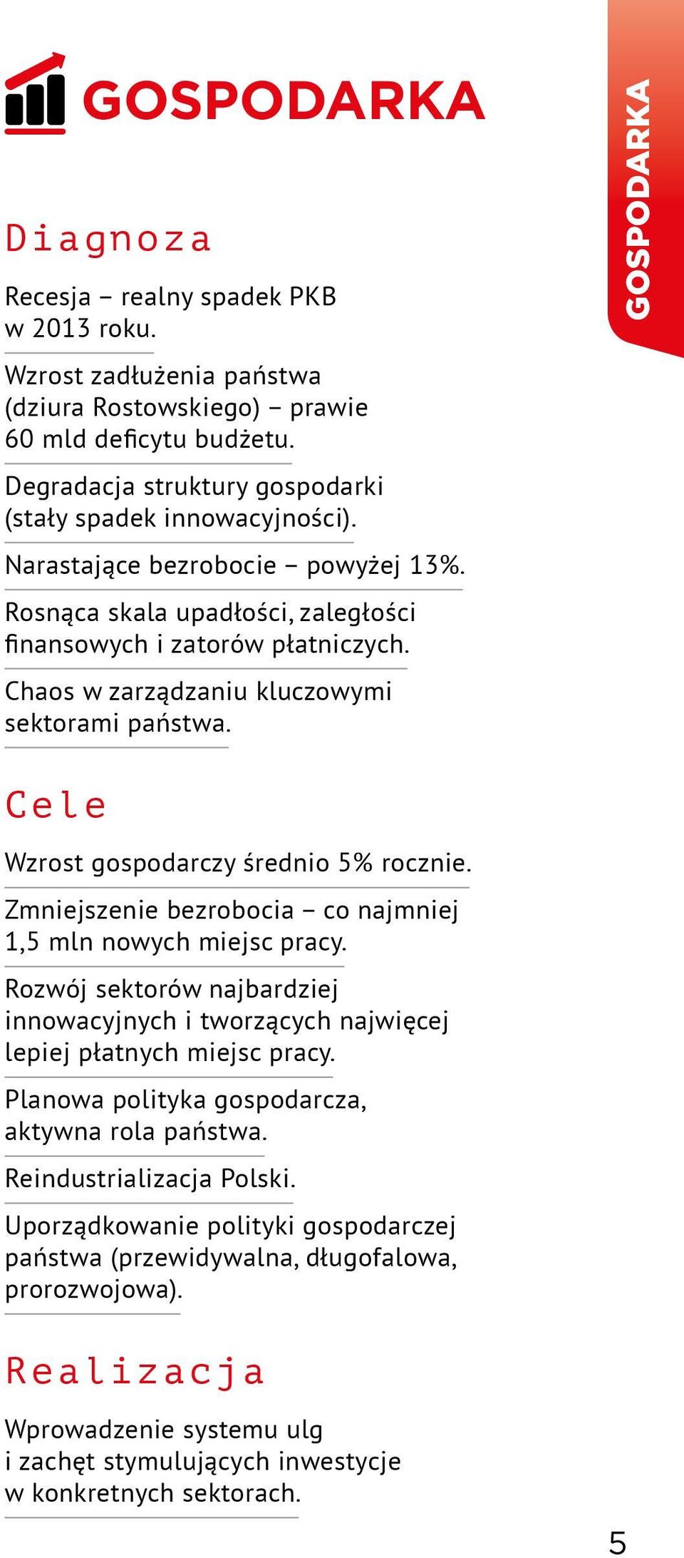 Chaos w zarządzaniu kluczowymi sektorami państwa. gospodarka Cele Wzrost gospodarczy średnio 5% rocznie. Zmniejszenie bezrobocia co najmniej 1,5 mln nowych miejsc pracy.