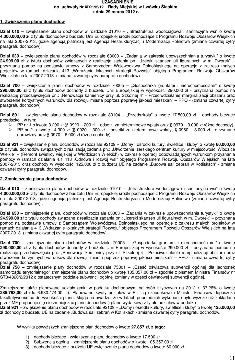 000,00 zł z tytułu dochodów z budżetu Unii Europejskiej środki pochodzące z Programu Rozwoju Obszarów Wiejskich na lata 2007-2013, gdzie agencją płatniczą jest Agencja Restrukturyzacji i Modernizacji