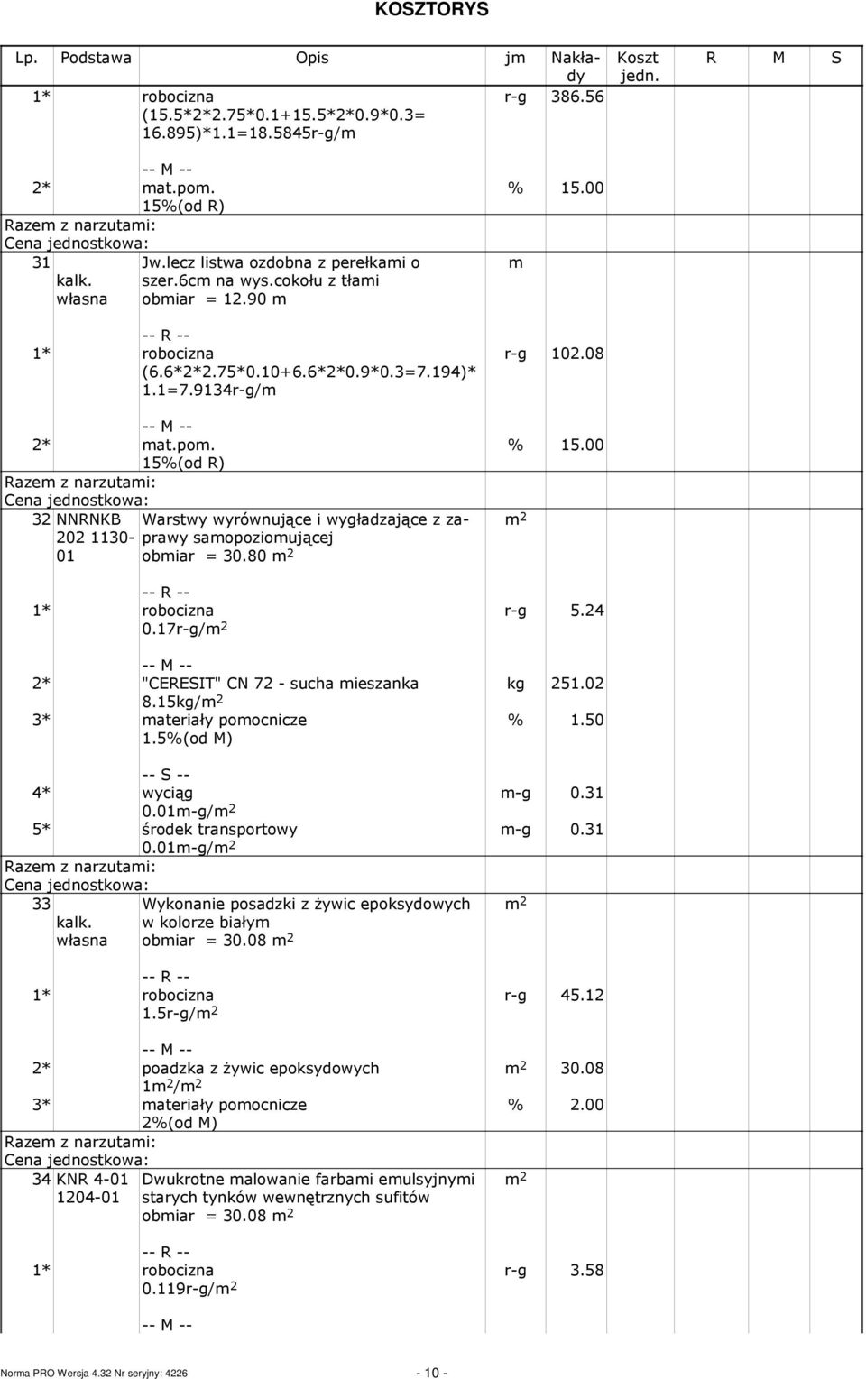 80 2 % 15.00 r-g 102.08 % 15.00 2 0.17r-g/ 2 r-g 5.24 kg 251.02 2* "CERESIT" CN 72 - sucha ieszanka 8.15kg/ 2 3* ateriały poocnicze -g 0.31 -g 0.31 0.01-g/ 2 5* środek transportowy 0.01-g/ 2 33 kalk.