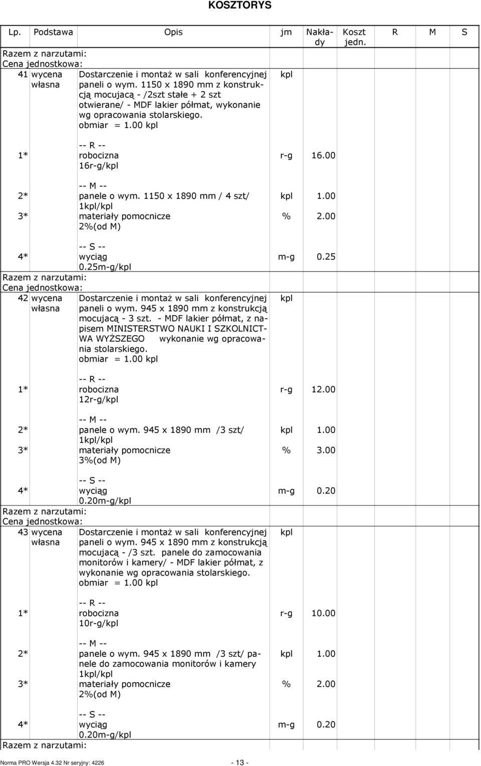 1150 x 1890 / 4 szt/ 1kpl/kpl 3* ateriały poocnicze 2%(od M) 0.25-g/kpl 42 wycena 12r-g/kpl Dostarczenie i ontaŝ w sali konferencyjnej paneli o wy. 945 x 1890 z konstrukcją ocujacą - 3 szt.