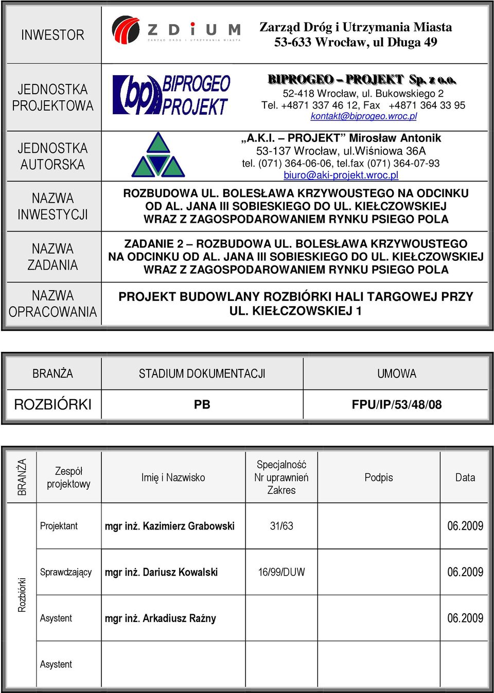 fax (071) 364-07-93 biuro@aki-projekt.wroc.pl ROZBUDOWA UL. BOLESŁAWA KRZYWOUSTEGO NA ODCINKU OD AL. JANA III SOBIESKIEGO DO UL.