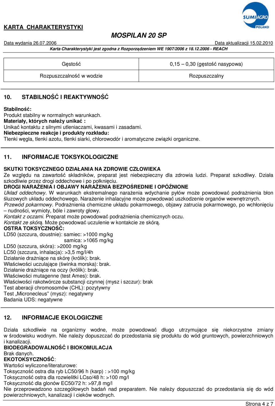 Niebezpieczne reakcje i produkty rozkładu: Tlenki węgla, tlenki azotu, tlenki siarki, chlorowodór i aromatyczne związki organiczne. 11.