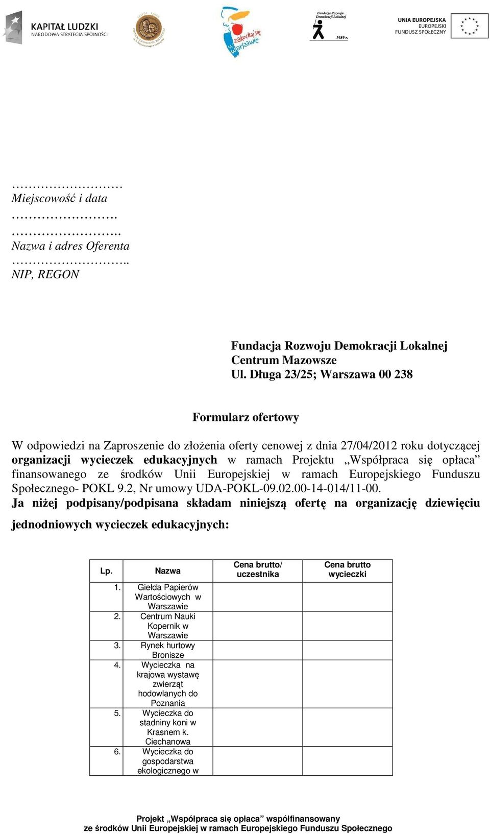 Współpraca się opłaca finansowanego ze środków Unii Europejskiej w ramach Europejskiego Funduszu Społecznego- POKL 9.2, Nr umowy UDA-POKL-09.02.00-14-014/11-00.