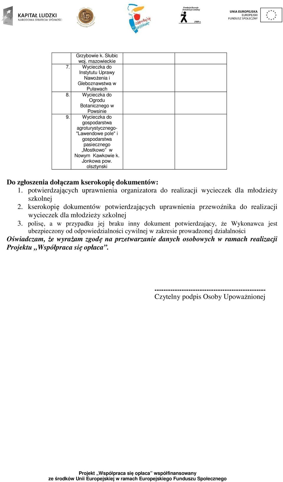 potwierdzających uprawnienia organizatora do realizacji wycieczek dla młodzieży szkolnej 2.